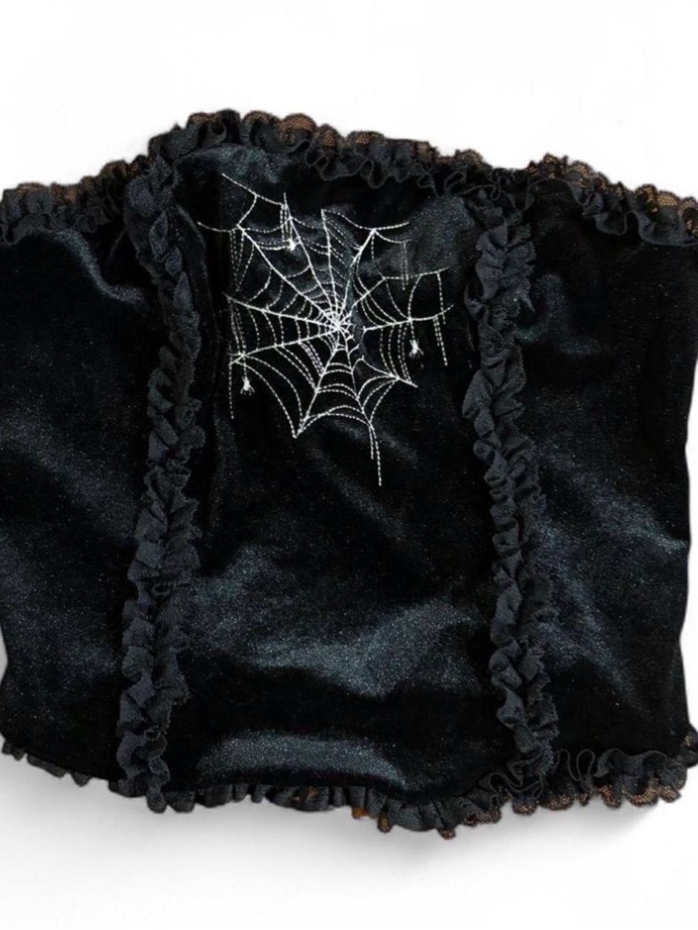 Black Velvet Corset Top with Silver Spiderweb Embroidery
